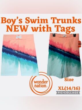 Wonder Nation Boys Quick Dry Swim Trunks Back Pocket UPF 50+ Size XL(14/16) NEW
